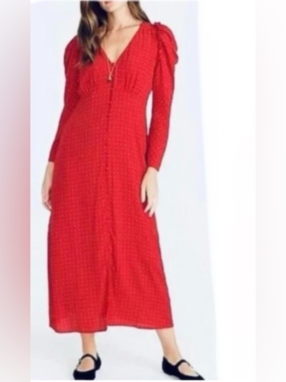 J. Crew Red Polka Dot Button-Front Long Sleeve Maxi Dress